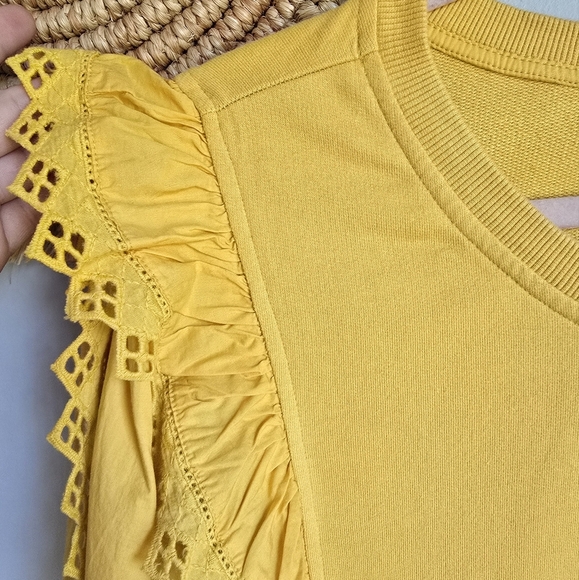 Anthropologie, New, Marigold Yellow Eyelet Ruffle Sleeve Sweatshirt Top SZ XL - Picture 5 of 14